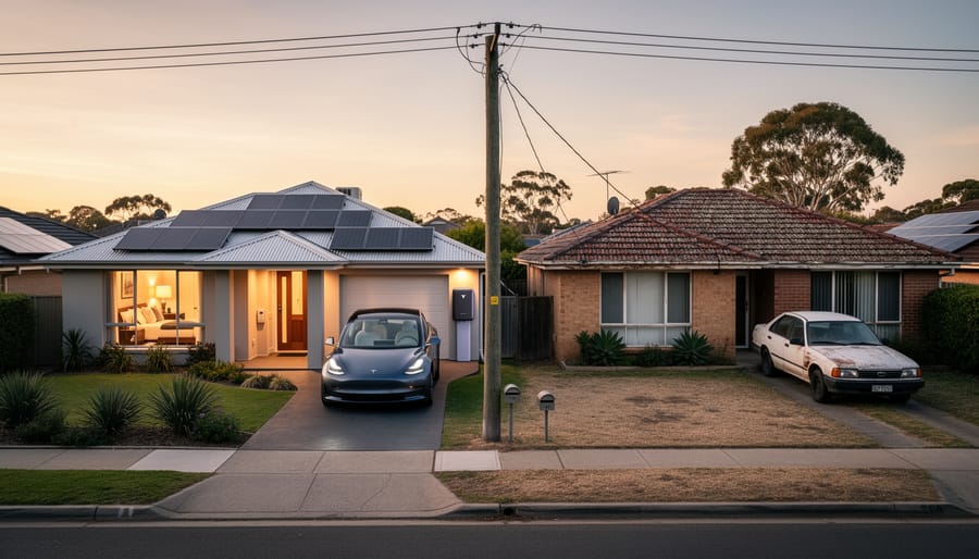 Two suburban Australian homes showing contrast between solar battery equipped house and house without solar technology