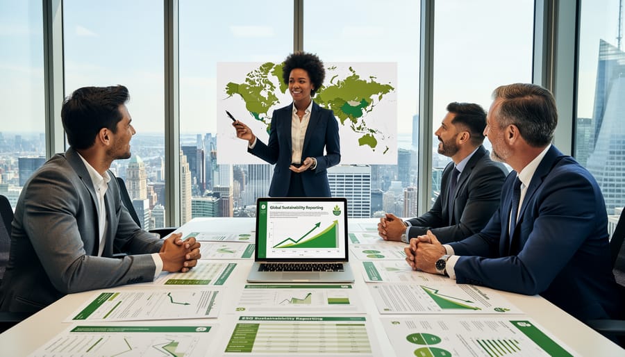 Entrepreneur working on sustainability metrics and reporting in modern office