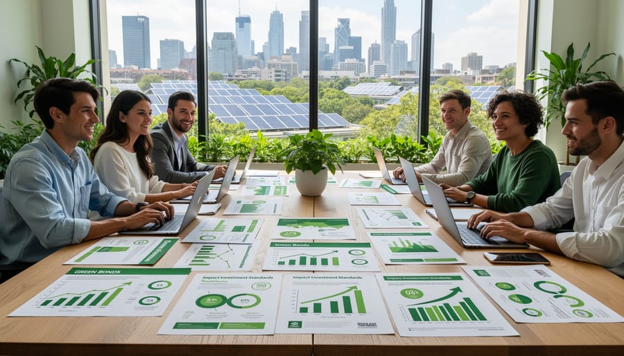 Business partnership handshake with sustainable technology equipment on desk