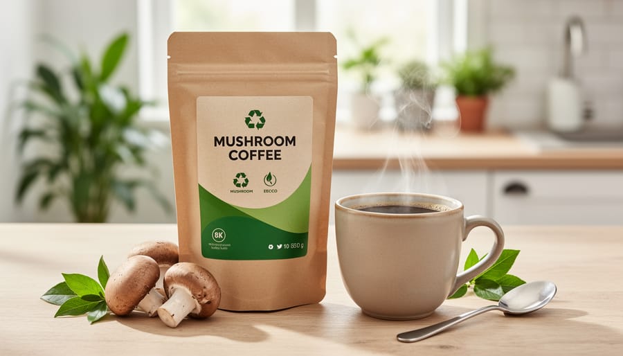 Hands holding glass jar of mushroom coffee blend with sustainable packaging on kitchen counter