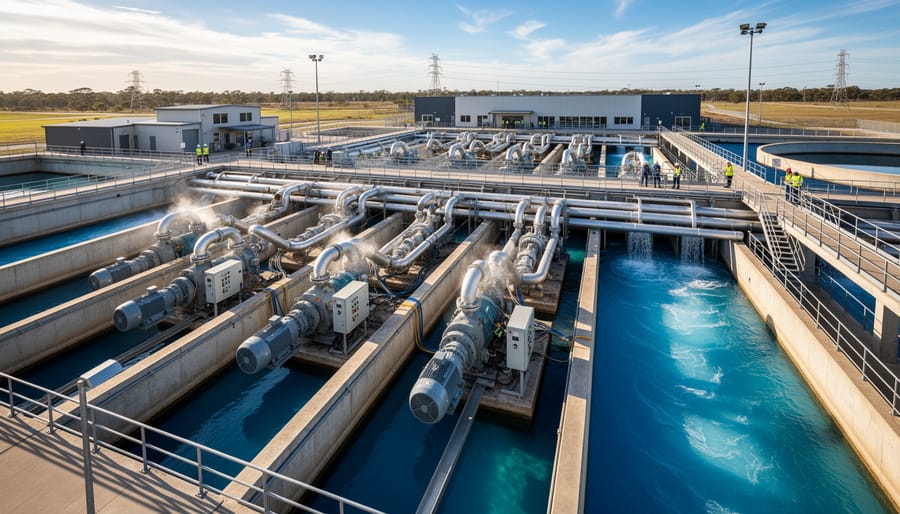 Industrial water pipeline with pressure gauges and flow meters in treatment facility