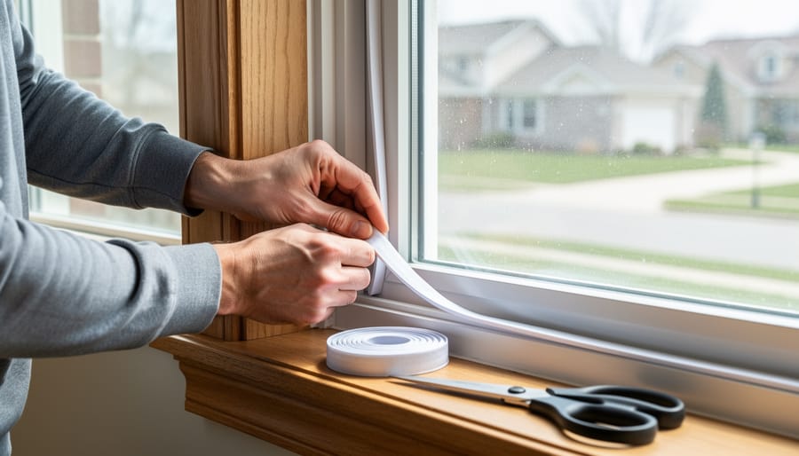 Hands applying foam weatherstripping tape to wooden window frame