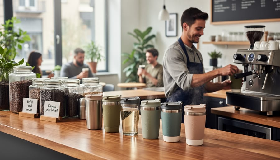 Barista’s hands preparing coffee in a reusable metal or ceramic cup at a café