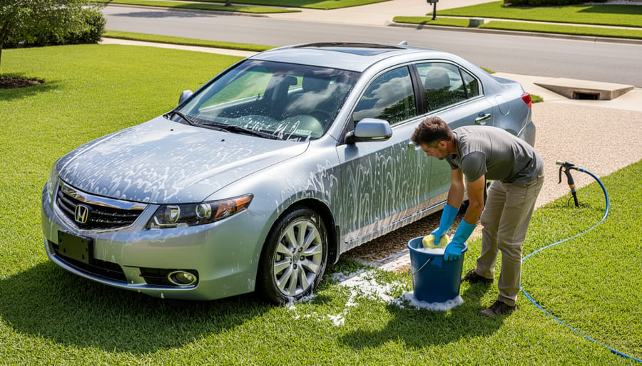 Car being washed on a grassy or gravel surface with water visibly soaking into the ground in an Australian backyard.
