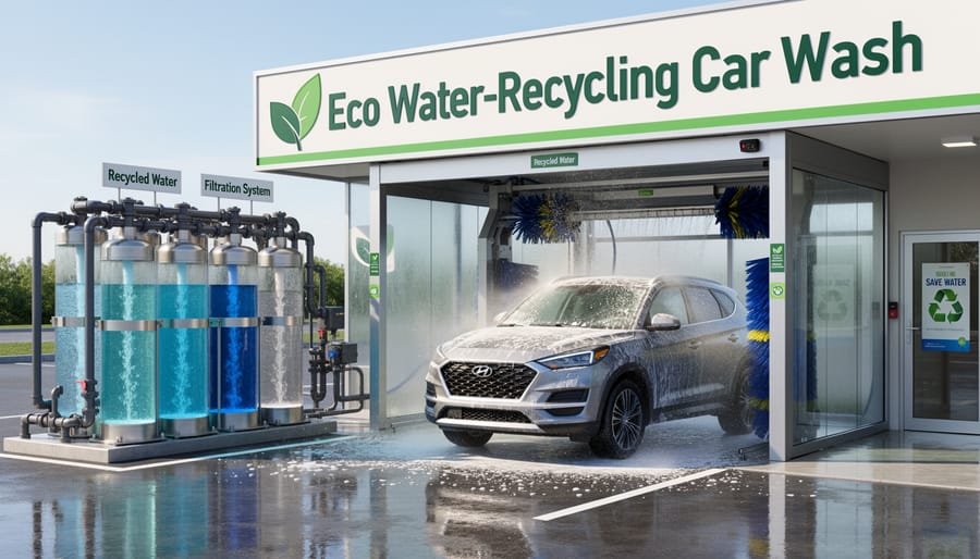 Car in an automated car wash tunnel with modern water-recycling wash equipment in the background.