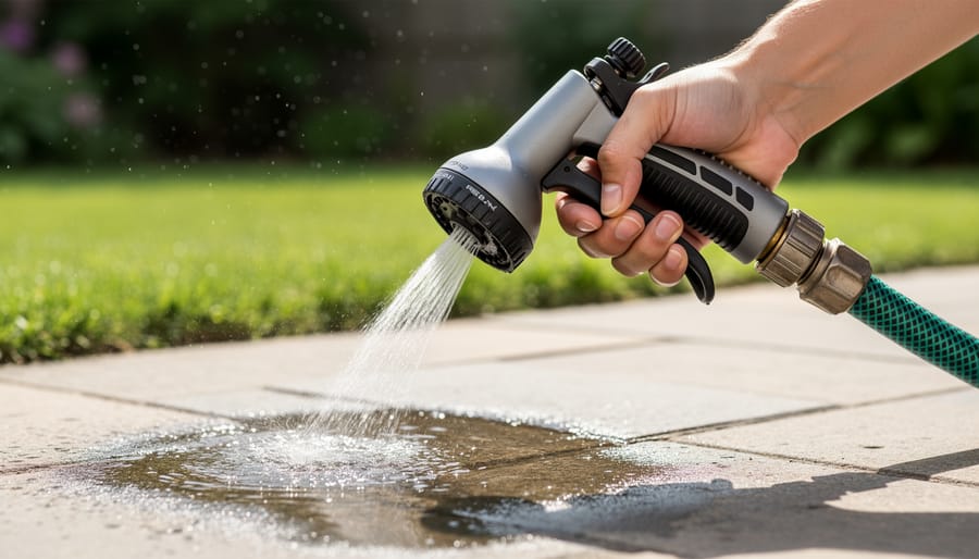 Close-up of a hose trigger nozzle being squeezed beside a car wheel to control water flow.