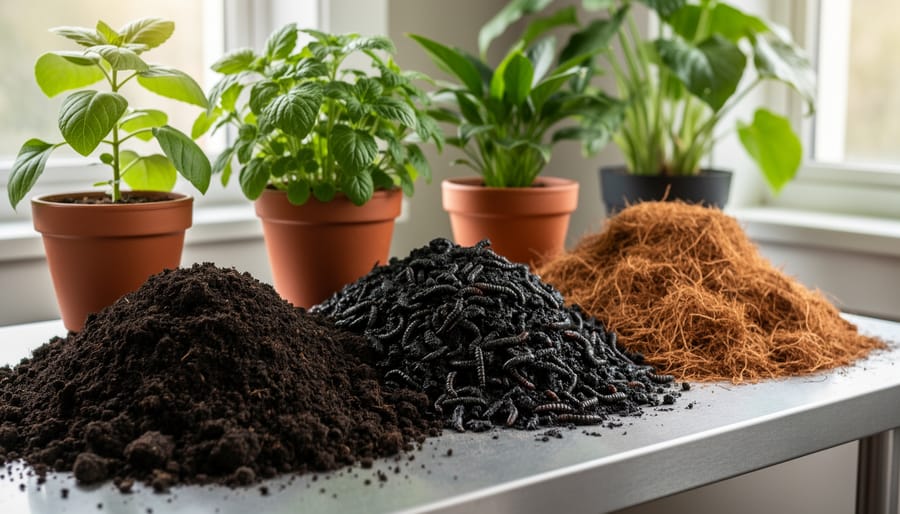 Close-up of compost and worm castings being mixed with coconut coir for indoor organic growing media