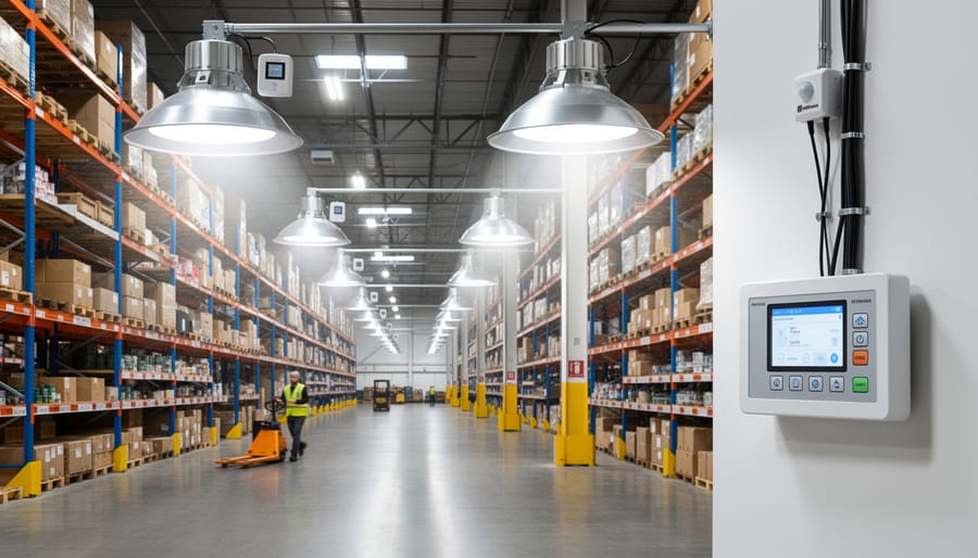 Close-up of LED lighting fixtures and sensor hardware on a warehouse ceiling.