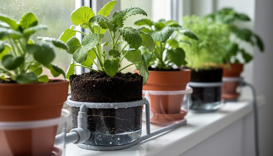 Drip irrigation tubes delivering water to pots inside an indoor grow area