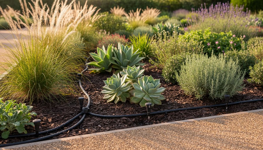 Drip irrigation tubing along a raised garden bed next to drought-tolerant native plants.
