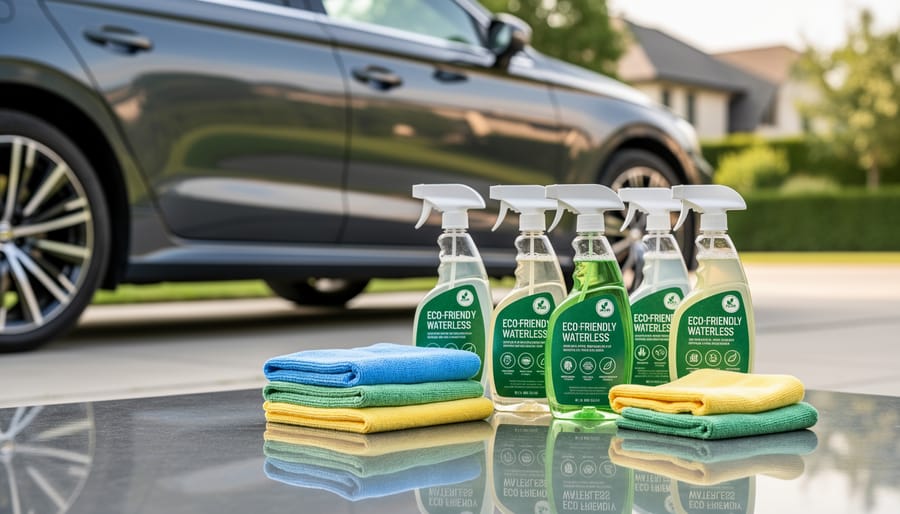 Eco-friendly waterless car wash spray bottle and microfiber cloths placed next to a dark car panel.