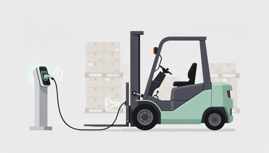 Electric forklift positioned near a warehouse charging station with charging equipment visible.