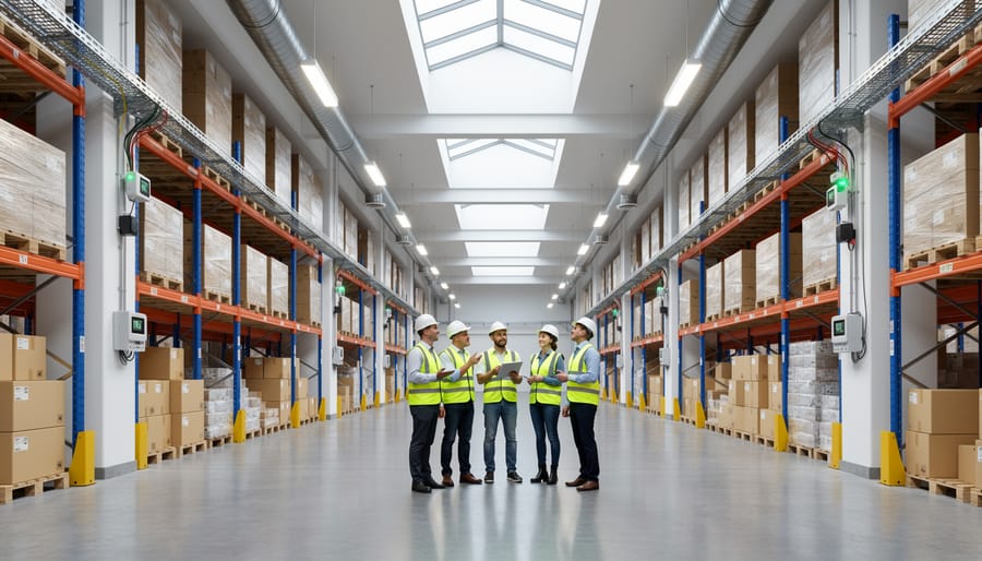Eye-level view inside a modern warehouse with tall racking and LED lighting.
