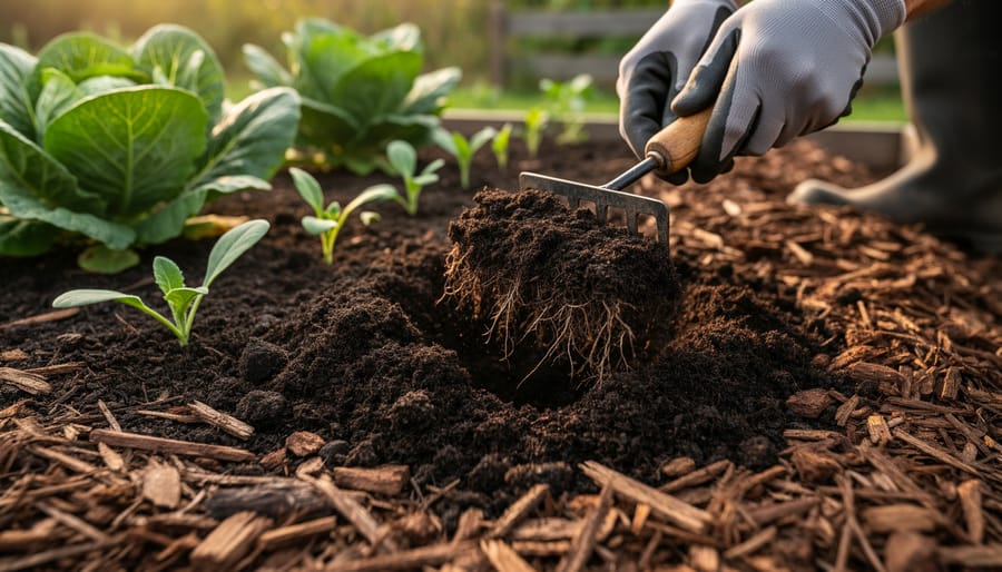 Gardener kneeling beside a mulched vegetable bed mixing dark compost into healthy soil.