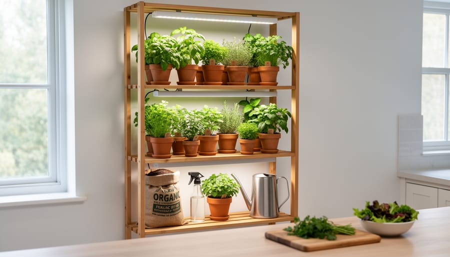Indoor organic herb plants growing in trays under LED grow lights