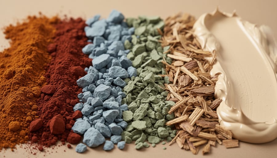 Macro close-up of glass jars containing mineral pigment powder and natural paint ingredients with a paint sample brush on a wooden workbench.