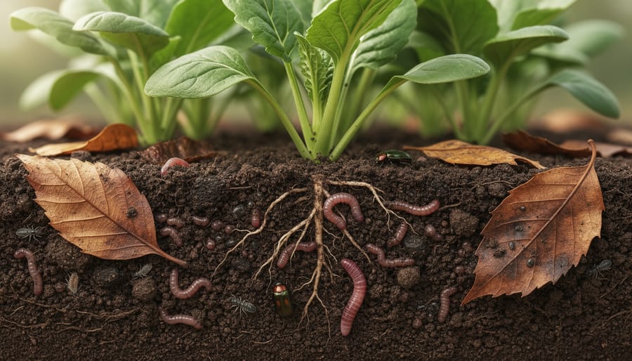 Macro view of dark healthy soil with leaf litter and visible signs of soil life.