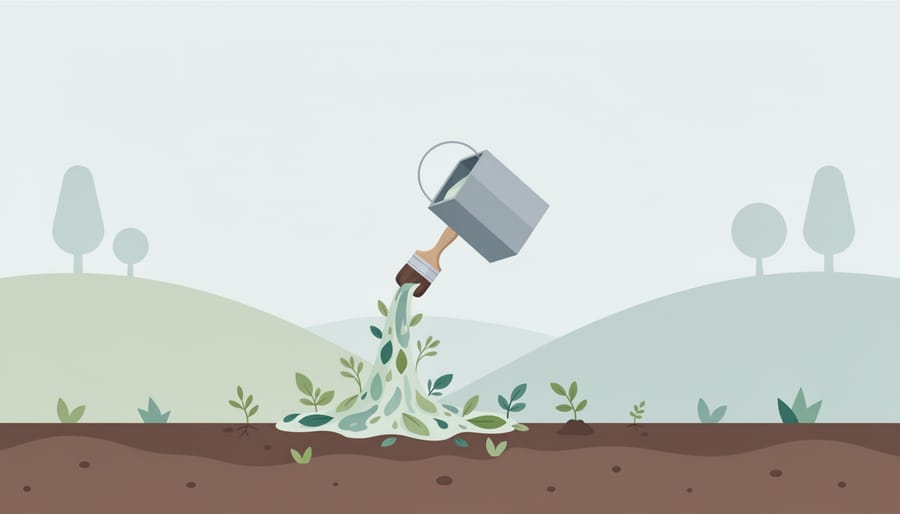 Outdoor conceptual scene with a dried paint coating on wood next to compost materials and fallen leaves, with native plants blurred in the background.
