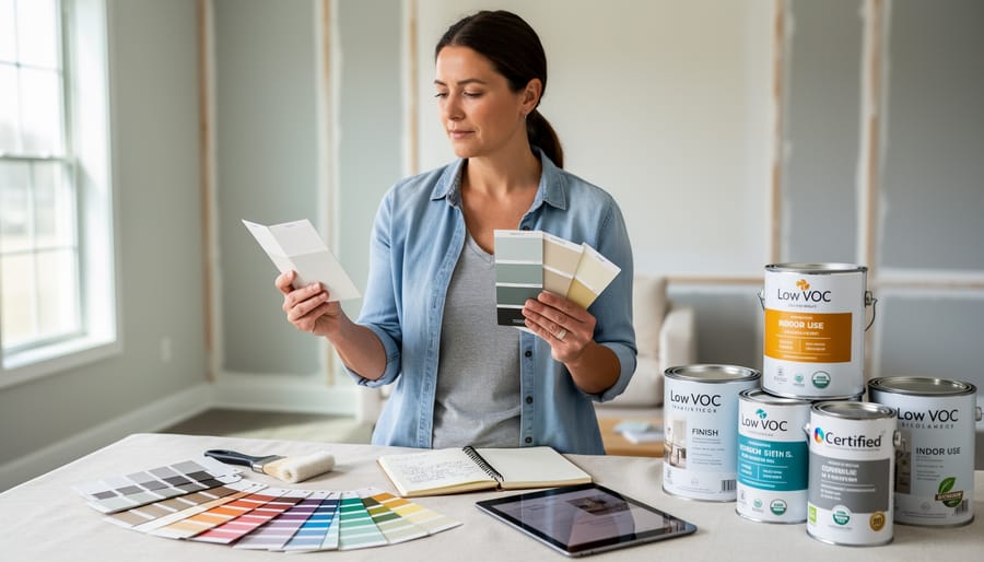 Person holding eco-friendly paint sample and sealed paint can in a garage, wearing gloves, with other paint supplies blurred in the background.