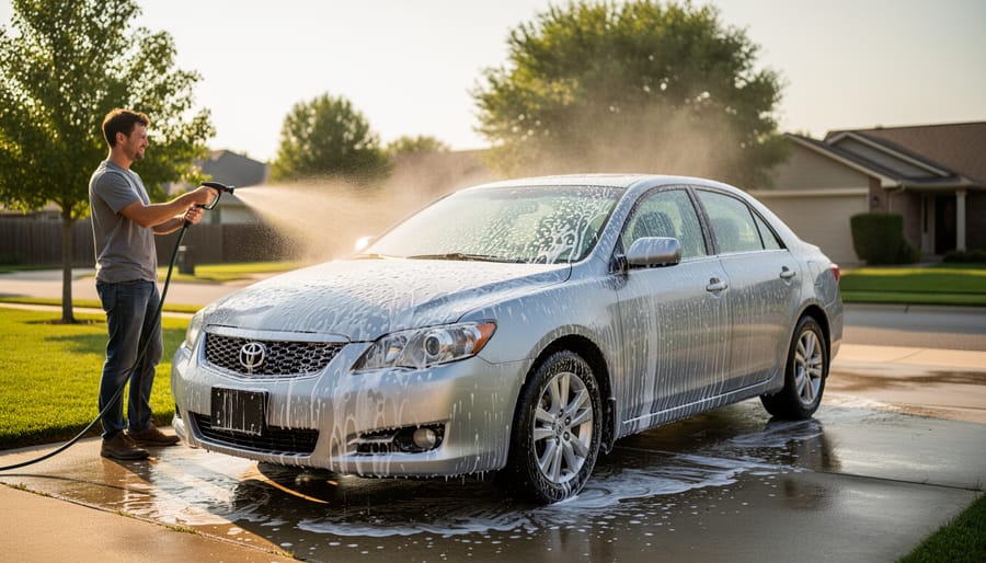 Person washing a car in early morning light with water droplets visible on the paint.