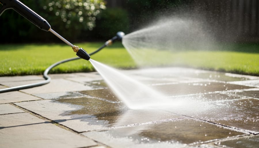 Pressure washer spraying a focused jet onto a car wheel to demonstrate high-pressure low-volume cleaning.