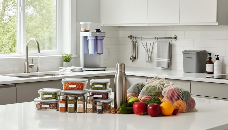 Reusable bottle, stainless-steel thermos, loose-leaf tea container, and countertop water filter arranged on an Australian kitchen bench