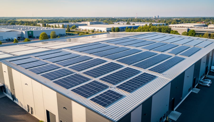 Solar panels installed on a warehouse rooftop at golden hour.