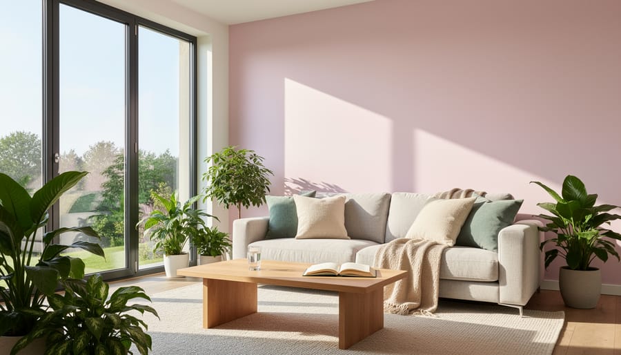 Sunlit room interior with paint roller tray and a low-VOC paint can placed on the floor near freshly painted cream walls.