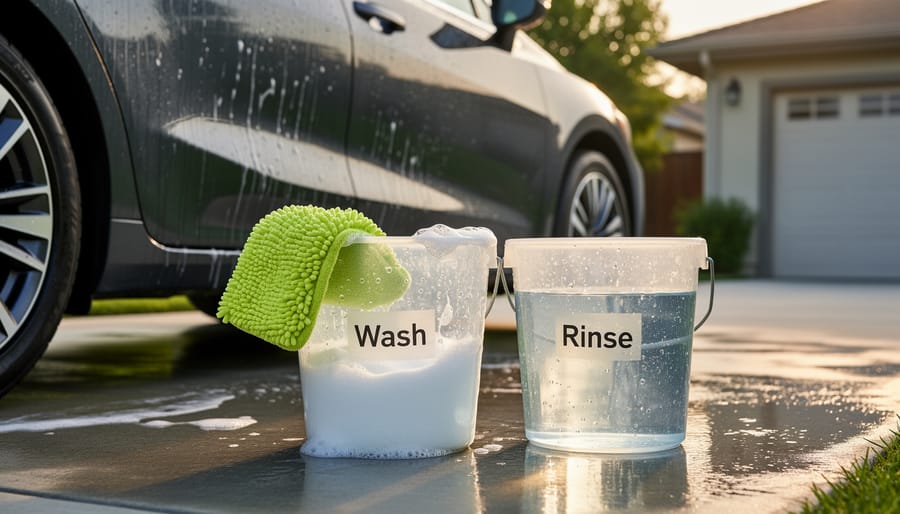 Two-bucket car wash setup on an Australian driveway with a microfiber sponge and soap bucket ready for washing.