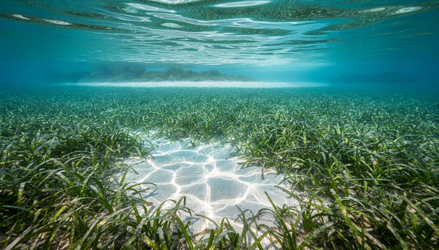Clear coastal water showing seagrass beds beneath the surface near Australia’s shoreline