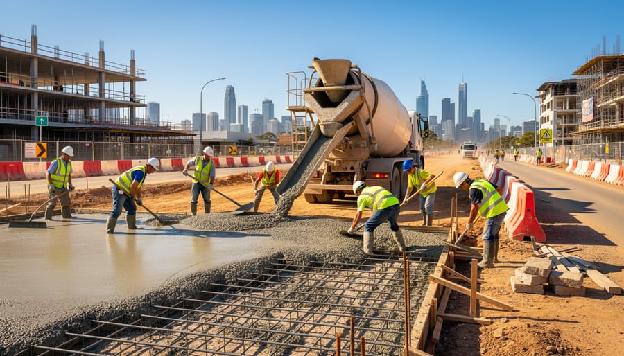 Freshly poured concrete slabs and steel reinforcement at an Australian construction site under overcast daylight