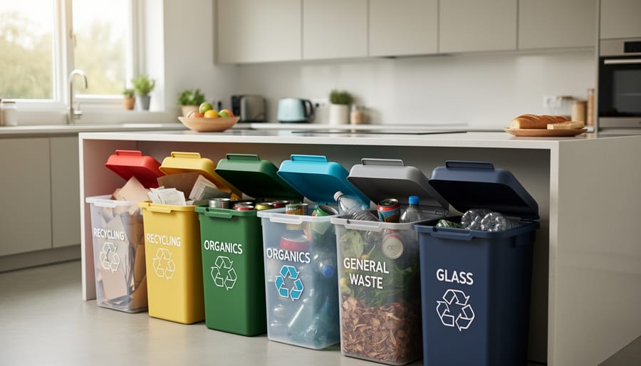 Modern residential bins at a curbside collection point with food organics, recycling, and general waste separated.