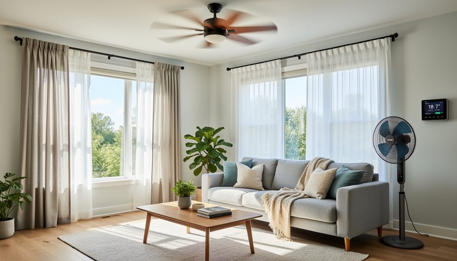 Ceiling fan and closed blinds in a sunlit living room showing passive comfort support.