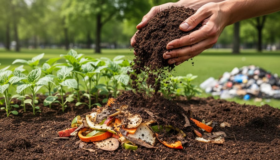 Close-up of dark compost soil with visible organic matter fragments.