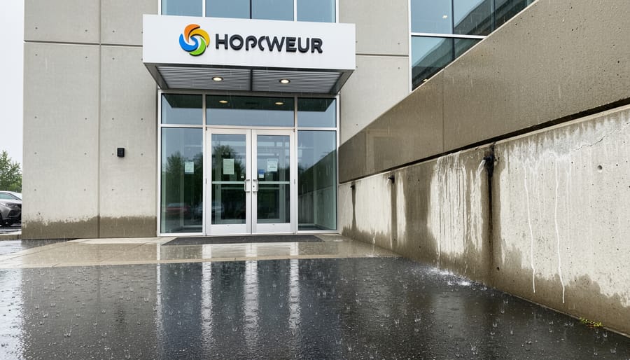 Wet concrete seepage area near a commercial building entrance with stormwater drainage in the background