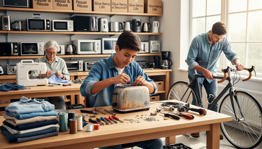 Hands repairing an item at a community repair café with tools and spare parts on a workbench.