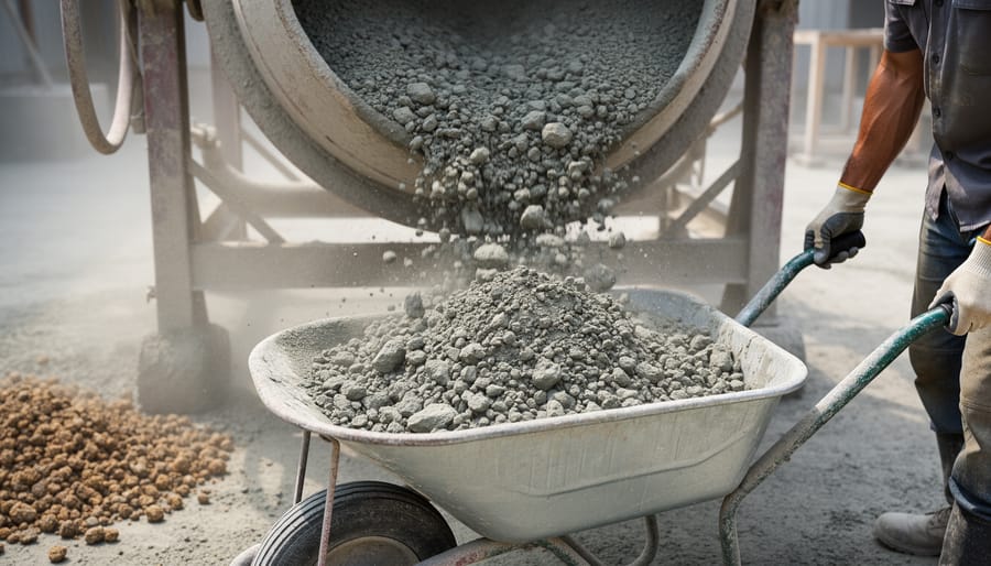 Close-up of cement and aggregate mixing inside a concrete mixer drum