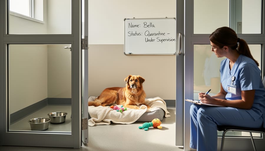 A dog stands inside a quarantine kennel with bedding and water bowl visible, viewed from the corridor outside.