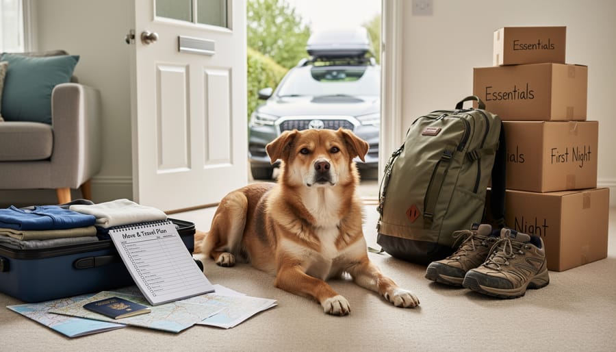 A dog calmly sits next to a suitcase at an airport while its owner holds the leash.