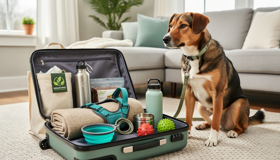 A pet travel crate with eco-friendly bedding and packing materials near a car trunk.