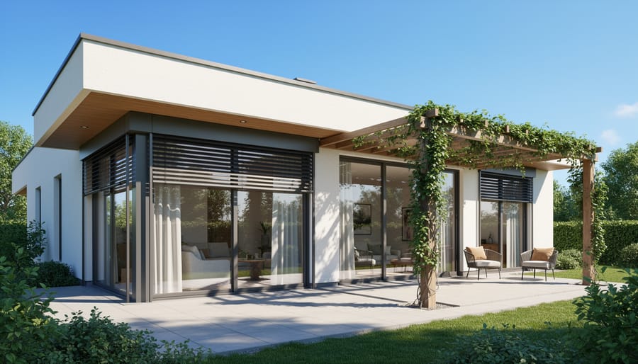 Shade sail and external awning covering windows on an Australian home during golden hour.