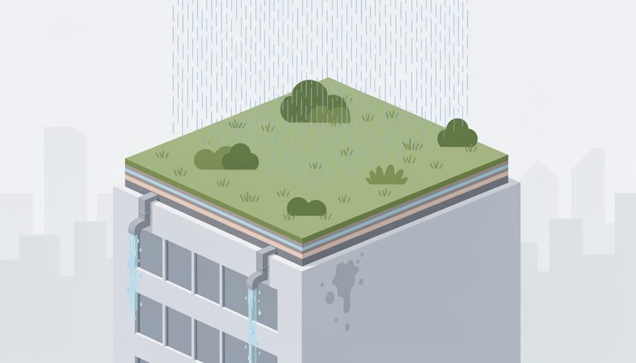 Green roof on a commercial building with rainwater managed across vegetation and drainage layers