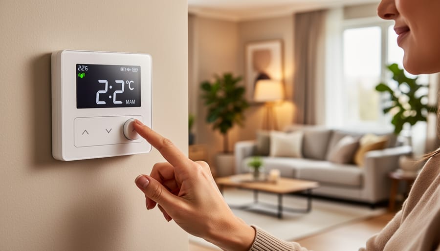 Person adjusting a thermostat in an Australian home near a hallway heat pump setup.