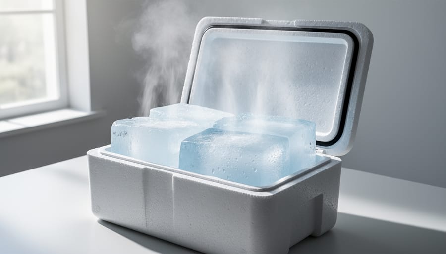 Ice blocks inside an insulated container near a doorway for a DIY no-electric cooling setup.