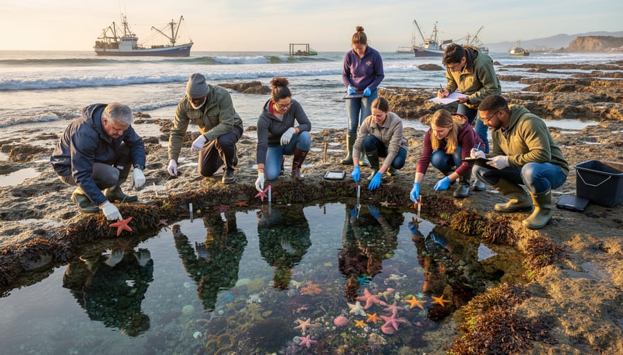 Indigenous ranger and team members at a rocky shoreline with tidal pools and coastal vegetation
