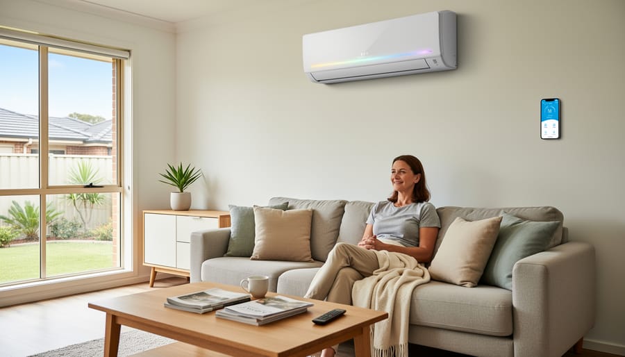 Split-system heat pump indoor unit mounted on a living room wall.