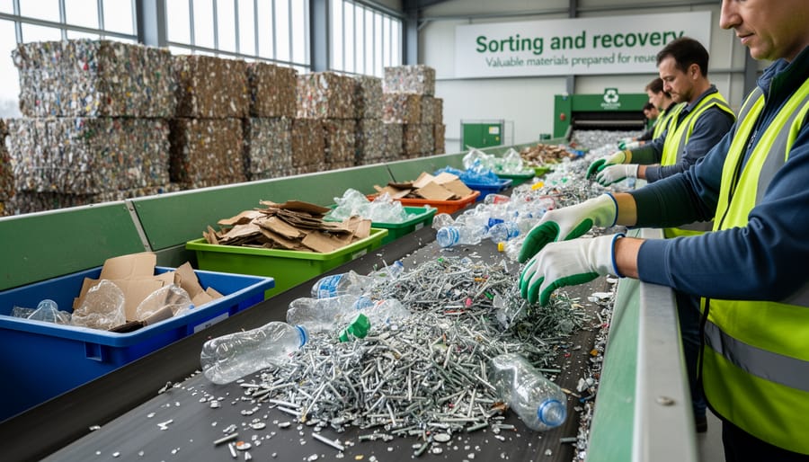 Recycling facility worker sorting paper and plastic into separate streams with gloves and protective gear.