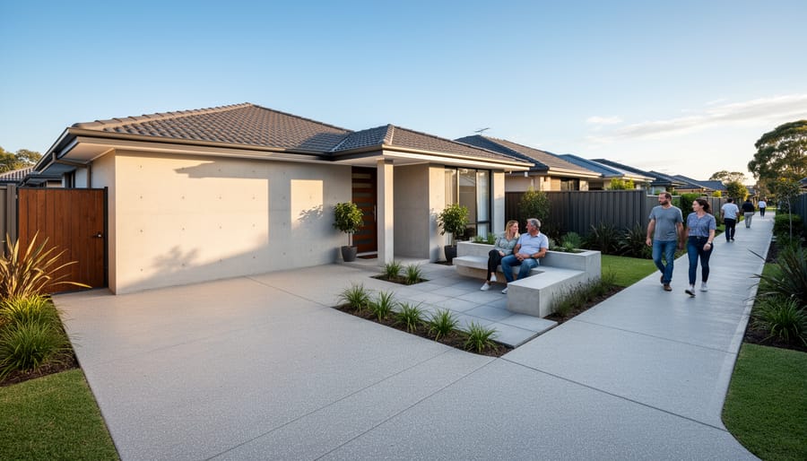 Residential building exterior featuring concrete pathway and patio slabs in a modern Australian development