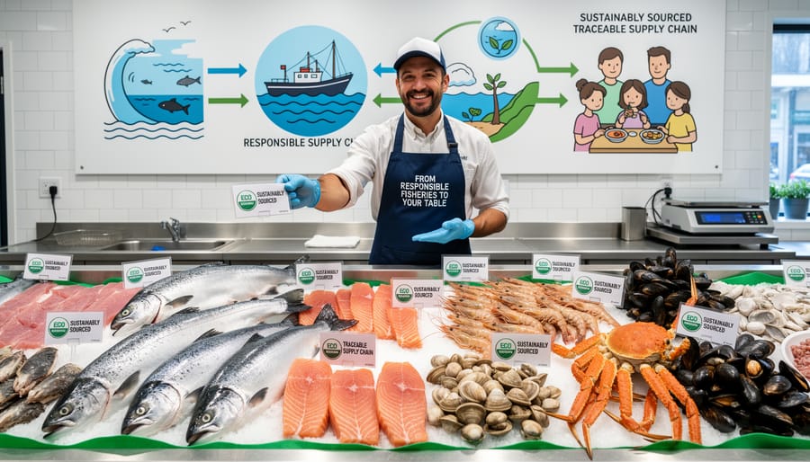 Fishmonger arranging freshly caught fish on ice in a seafood market with a clean, modern retail background