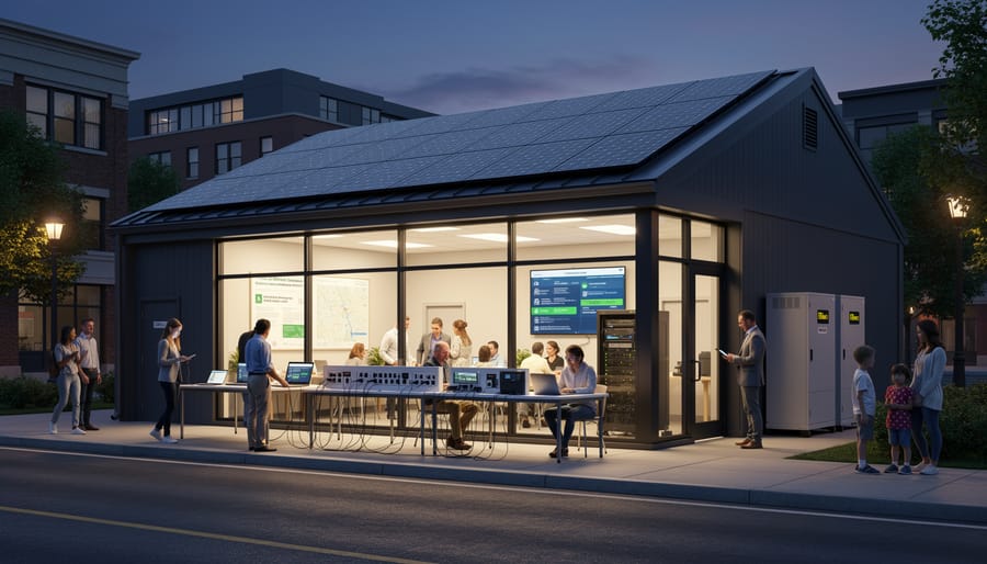 Solar panels and a weatherproof backup power setup next to a community building.